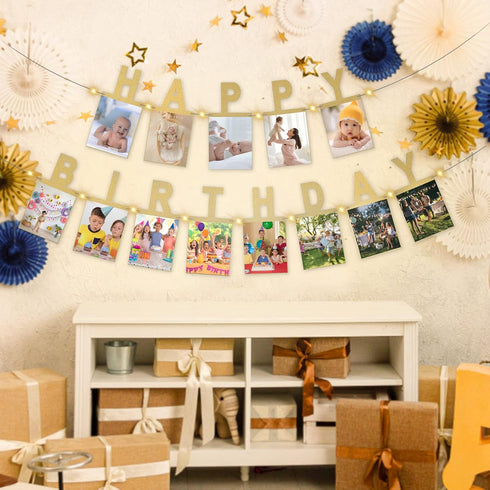 AVlovasd 2 Birthday Photo Banner with Strings of Fairy Lights for Children and Adult Birthday Party Decorations, Annual