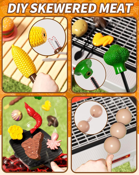 60Pcs Playset Set 3-8 Large Kids BBQ Grill with Real Steam, Sound & Light - Interactive Pretend Play Kitchen Toy