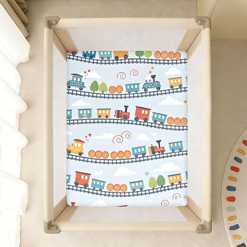 CZXW 52" 28" Cartoon Playful Trains Crib Sheets Fitted x Natural Cotton Soft & Breathable for Baby Crib Mattress