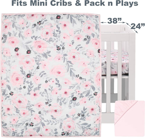 3-Piece Set Bedtime Originals Blossom Pink Watercolor Floral Mini Crib Bedding