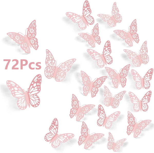SAOROPEB 3D Wall Decor, 72 Pcs 3 Sizes 3 Styles, Pink Butterfly