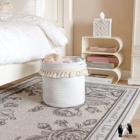 Closet 11"x11" Mkono Macrame Decorative Cotton Rope Basket Boho Nursery Decor Small Cute Woven Tassel Storage Bins