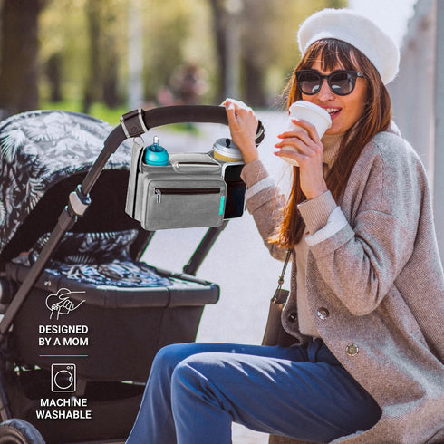 v2 Swanoo Stroller Caddy Stroller Organizer With Cup Holder, Non Slip Straps Stroller Bag for Phone, Pet Stroller