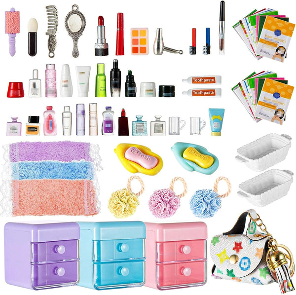 72Pcs Dollhouse Mini Jewelry Storage Case Handbag Towel Cosmetic Set Bathroom Acessories