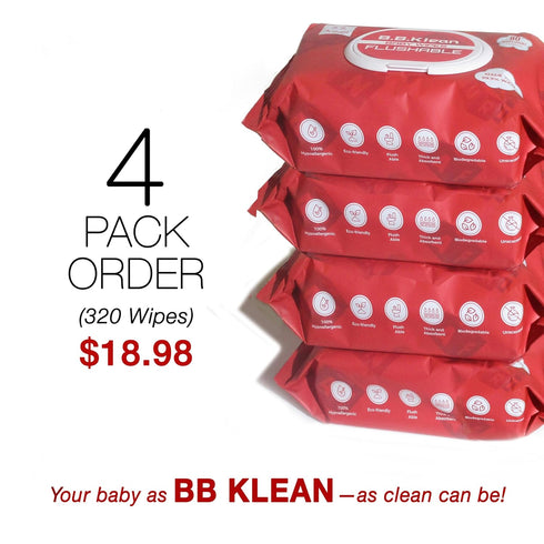 Generic 99.9% 80 (4) B.B. Klean Flushable Baby Wipes | Hypoallergenic | Sensitive Skin | Thick & Absorbent | Durable |