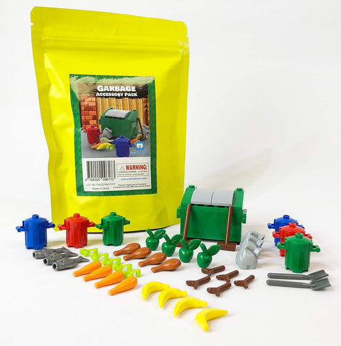 Brick Loot Garbage Minifigure Accessory Pack, Custom Sanitation Worker Set with Trash Cans, Compatible with Lego - Fun