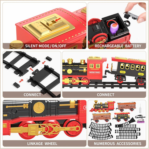 TEMI Train Set for Kids 3-5, Rechargeable Red Train with Steam Engine, Cargo Car, Long Track, Gift for Boys & Girls