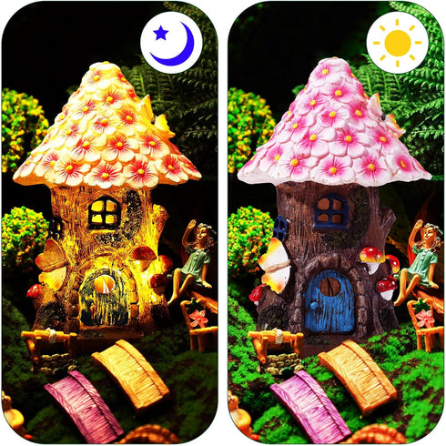 Poen 8'' 6-8 Solar Light up Fairy House Garden Fairy Figures Garden Accessories Kit Animals Doll House Decor Outdoor