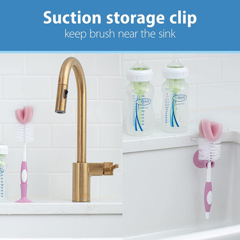 1-Pack Dr. Brown's Reusable Sponge Baby Bottle Cleaning Brush with Suction Cup Stand, Scrubber and Nipple Cleaner, Pink