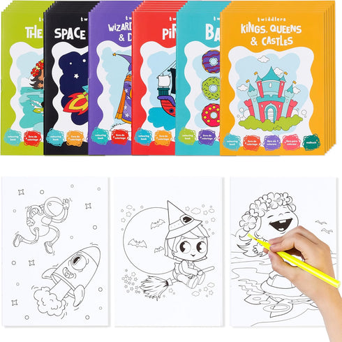 THE TWIDDLERS - 24 Pack Mini Coloring Books for Kids Ages 3+, Includes Castles, Dragons, Space, Pirate, Baking