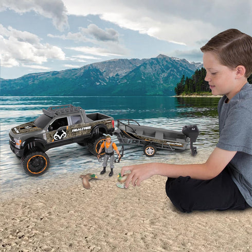 NKOK Realtree 1/18 Scale Free-Wheel Playsets, 10-PC Set with Ford F-250 Super Duty Fishing Boat