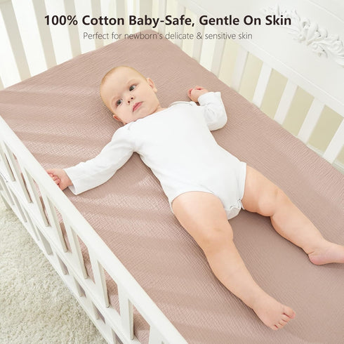 100% 52"x28" 2 Pack Bearmoss Muslin Crib Sheets Cotton Baby Crib Sheets Fitted for Standard Crib Mattress & Toddler Bed