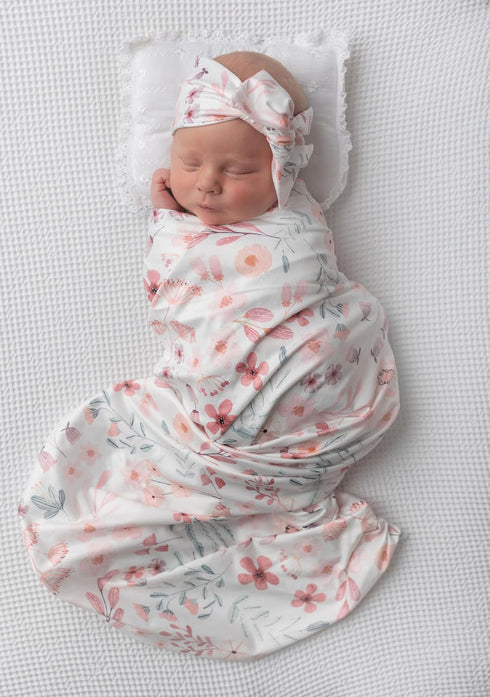 Newborn Floral Print Swaddle Blanket - Stretchy Receiving Blanket with Matching Headband and Beanie (Small Flower and