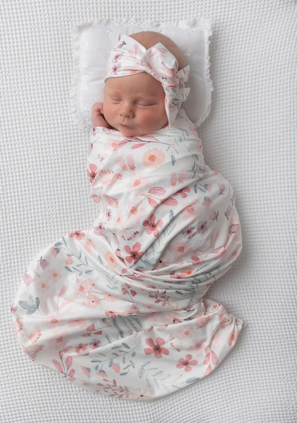 Newborn Floral Print Swaddle Blanket - Stretchy Receiving Blanket with Matching Headband and Beanie (Small Flower and