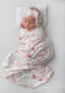 Newborn Floral Print Swaddle Blanket - Stretchy Receiving Blanket with Matching Headband and Beanie (Small Flower and
