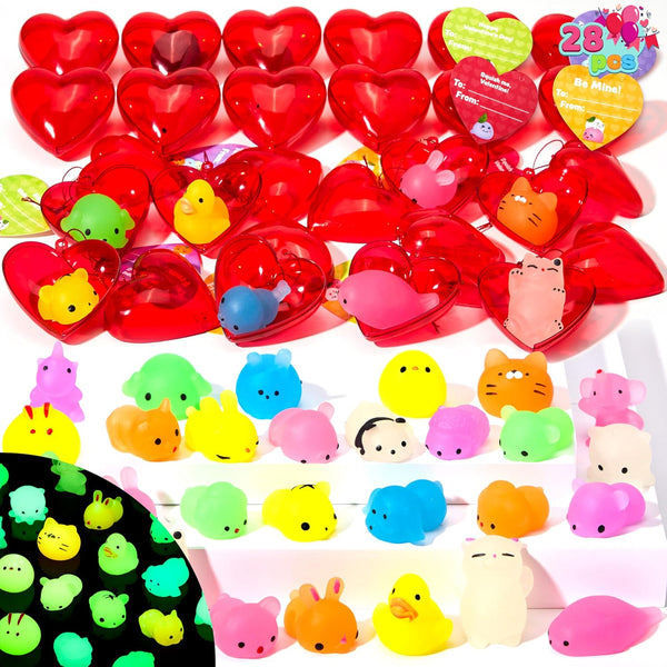 JOYIN 28 Packs Valentines Day Gifts for Kids, Glow Mochi Squishy Toys