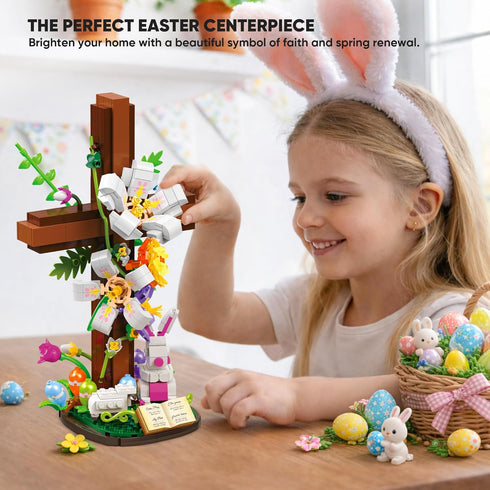 HiDectee Set Christian Cross Flower Building - Jesus Botanical Lily Cross with Bible Base & Spring Garden - Religious