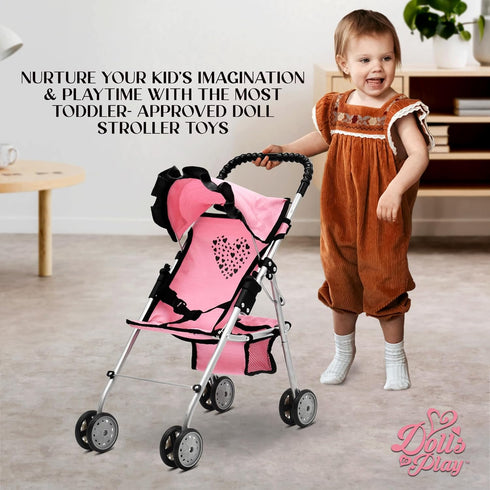 Baby Doll Stroller for Girls, Toddler Play Toy Buggy Carriage Foldable with Canopy Storage Basket Travel Diaper Bag