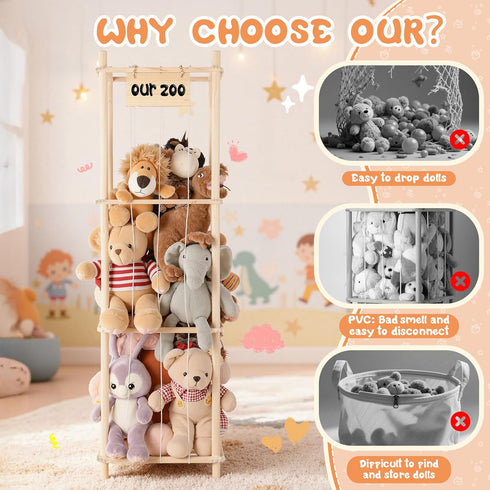 LAMU Stuffed Animal Storage, Wooden Zoo Stuffed Animal Holder with Elastic Cords, Space Save Toy Organizer, Extra Large