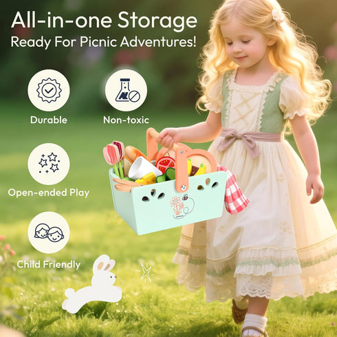 Playset, 31 Sets 3+ Wooden Toy Picnic Pcs Wooden Play Food Sandwich Stacking Toys for Kids Pretend Play Cutting Food