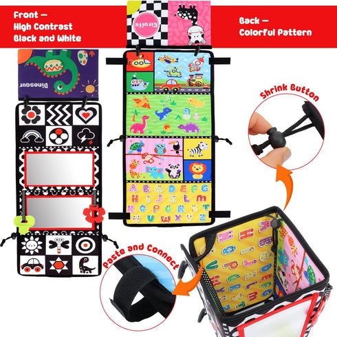 Tummy 3 6 12 Time Floor Mirror with Crinkle Cloth Book and Teethers, Double-sided Baby Mirror Black and White High