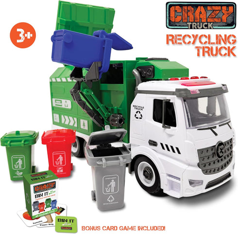 1:16 4 40 Crazy Truck Scale Recycling Garbage Truck Toy with Lights & Sounds, Recycle Cans, Flash Cards, Tools DIY