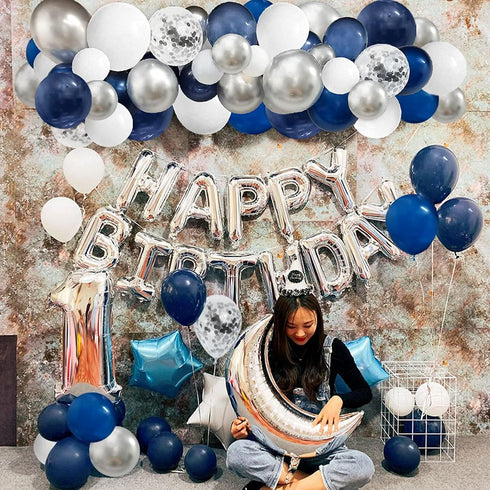 124pcs Blue Silver White Balloons Garland Arch Kit, 5/10/12/18 Inch Set for Birthday Wedding Graduation Party Decor