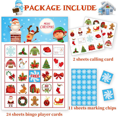 Funnlot Christmas Bingo Game for Large Group - Holiday Activity for 24 Players, Family, Preschool Classroom