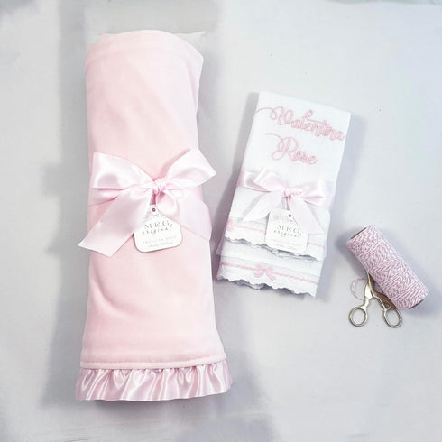 Set 2 Cotton & Lace Baby Girl Burp Cloth of ( Heirloom Collection ) Pink Bows + Option to Personalize with Name