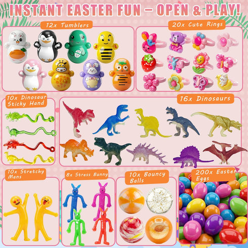200 SQZUWIT Pcs Prefilled Easter Eggs Filled with Toys Inside for Kids Boys Girls Pre-filled Easter Hunt Basket