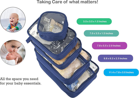 5 Set, Piece Diaper Bag Organizer Pouch Clear with Straps and Pacifier Case - Navy