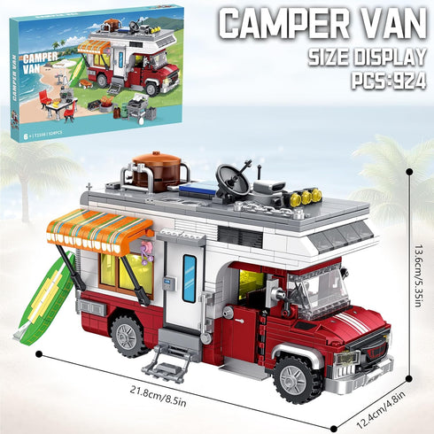 CSNRHG 924 Set Camping Van Construction Toy Pieces Building Block with Picnic Table Grill & Fire Scene Gift for Kids