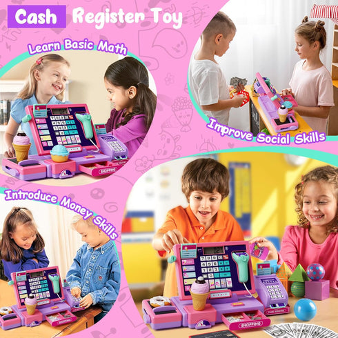 Upgraded Kids Cash Register Toy for Boys Girls, Toddler Pretend Play Cashier Register with Shop Accessories, Calculator