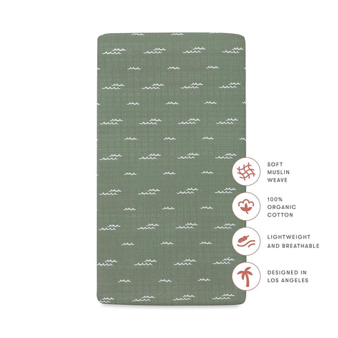 100% 360, Babyletto Organic Cotton Crib Sheet, GOTS-Certified, Fitted Ultra-Soft and Breathable Muslin - Ocean Waves
