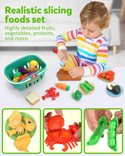 3 4 5 Coogam Pretend Play Food Kitchen Accessories for Kids, Fake Fruits Meats Vegetables Cutting Food with Shopping