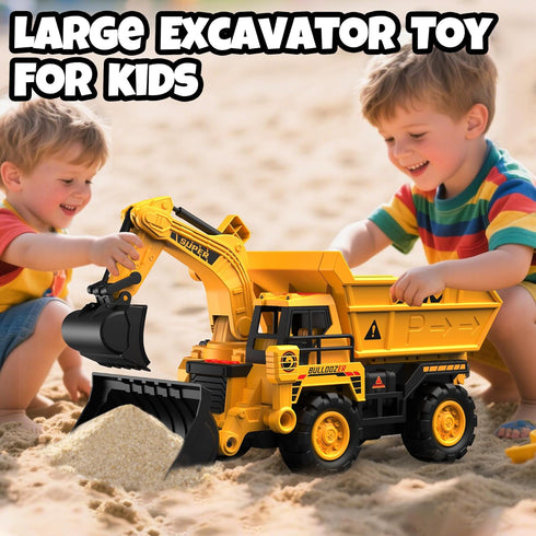 DWIRCTOYS 2-in-1 Playset 10 3-8, Construction Toy Truck with Race Track Launcher, Storage Dump Truck and Excavator