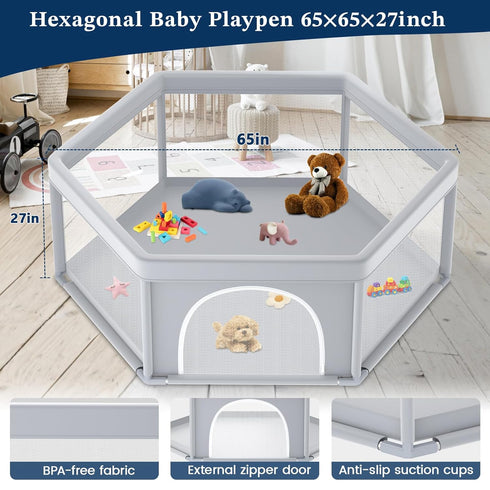 65 Inch Hexagonal Baby Playpen for Infants and Toddlers - Indoor/Outdoor Safety Fence