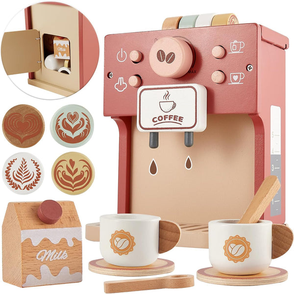 BUYGER Toy Coffee Maker for Kids, Wooden Coffee Playset Pretend Play Kitchen