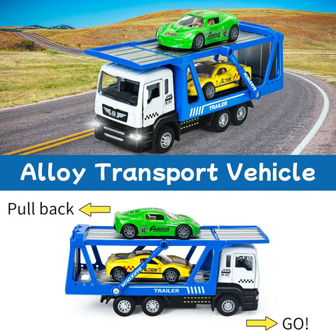 Transporter Carrier Truck Toys with 2Pcs Toy Cars Set - Pull Back Cars with Lights and Sound Trailer Vehicles for Boys