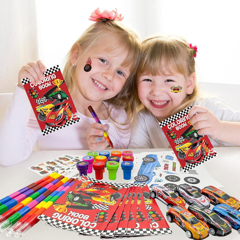 72 Cinrobiye Pcs Race Car Coloring Book Bulk,Checkered Flags Racing Party Favors Goodie Bags Fillers, Let's Go Racing
