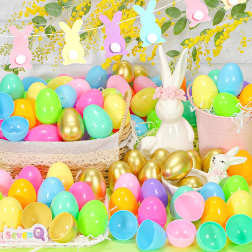 100Pcs 2.4" SevenQ Plastic Easter Eggs Fillable, Empty Colorful and Golden Eggs for Easter Basket Stuffers Gifts