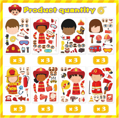 24 Sheets Firefighter Stickers for Kids, Make-a-face Fireman Stickers Sheets, Fireman Themed Sticker Party Favor Supplies Craft School Fire Education Teacher Reward by FunzPlay