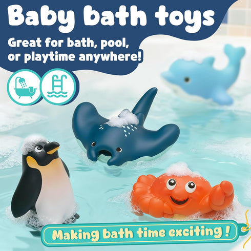 6-Pcs 1-3, Set Ocean Bath Toys for Toddlers No Hole Mold Free Bathtub Toys, Whale Shark Dolphin Penguin Sea Animal