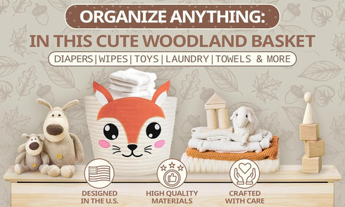 10x8" Squirrel Cotton Rope Baby Laundry Basket for Boys & Girls, Woodland Nursery Decor, Nursery Storage Basket