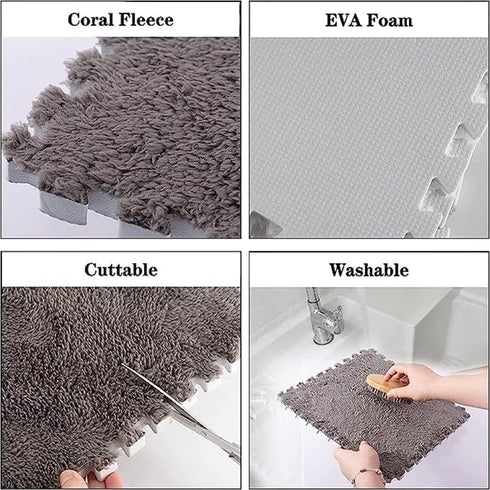 12pcs Decoration(11.8x11.8x0.55in,Rose Plush Puzzle Foam Floor Mat, Soft Thicken Fluffy Interlocking Square Foam Tiles