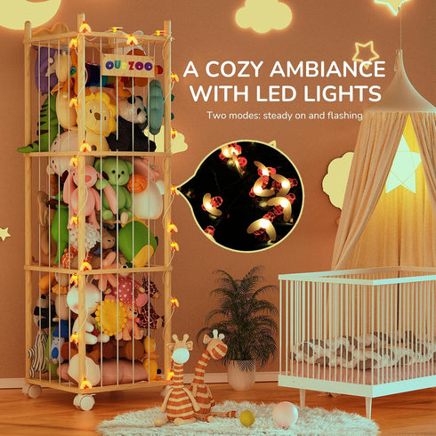 55.12in Stuffed Animal Storage Zoo with Wheels and Twinkling Bee String Lights, Large Wooden Stuffed Animal Storage