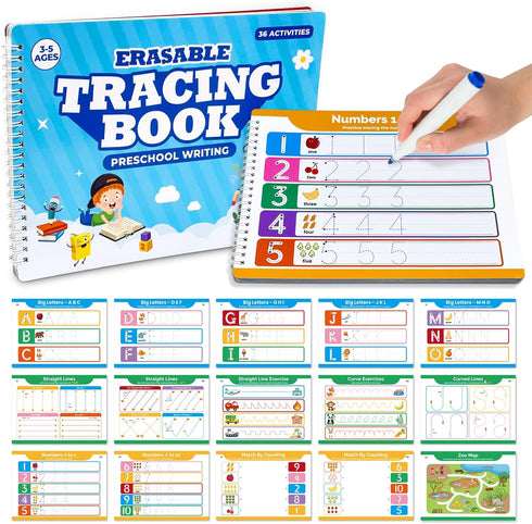 Justification leftBC Preschool Dry Erase Learning Workbook for Kids Ages 3-5 Reusable Tracing Book