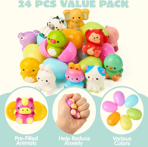 24 JOYIN Pcs Easter Prefilled Eggs with Animals Squishy Toys, Cute Toys for Easter Egg Hunt, Kids Party Favor, Basket