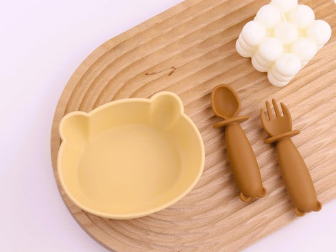 6+ Silicone Bear Shaped Baby Bowl with Suction, Spoon & Fork for Babies Months, Infant Feeding BLW Baby Essentials Must