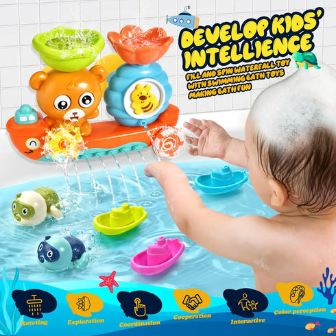 Baby Bath Toys for Toddlers 1-3, Bear Kids Bath Tub Toys with 2 Turtle Swimming Toys & 3 Floating Boat Gifts